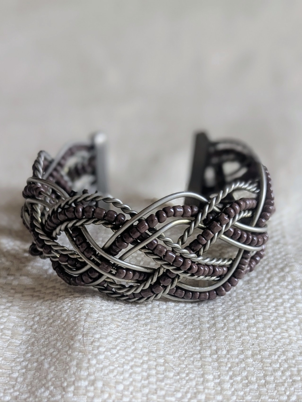 Handcrafted Wire Braided Brown Bead and Silver-Tone Cuff Bracelet